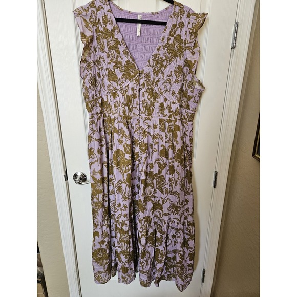 Anthropologie Dresses & Skirts - Anthropologie Peregrine Purple Green V-Neck Button Front Smocked Midi Dress 2X